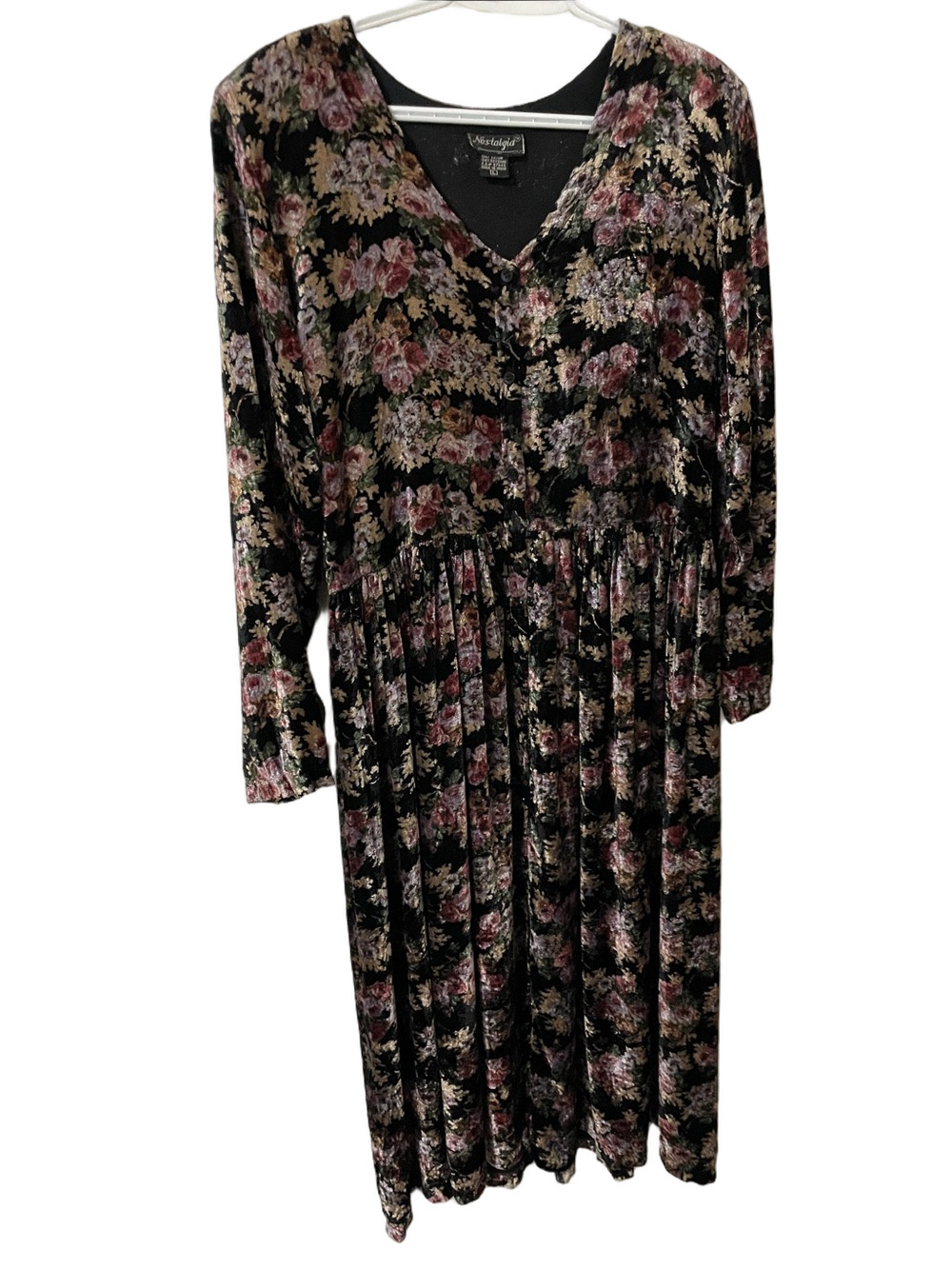 Vintage Nostalgia Black Crushed Velvet Floral Midi Dress Size Large